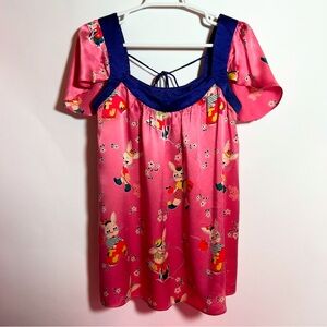 💖🐰💖 Vintage bunnies pink silky satin cap sleeve top. Voom by Joy Han